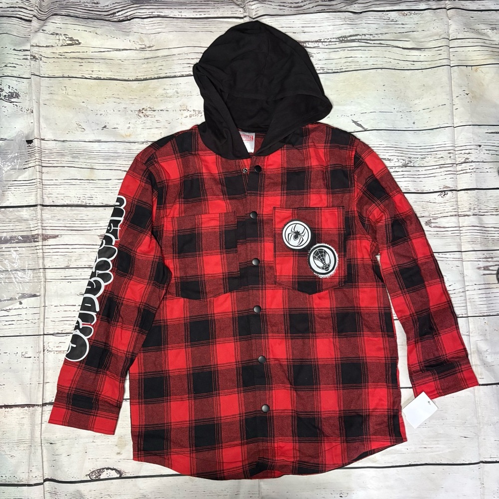 Marvel spider man Red and Black Hooded Button Down Shirt